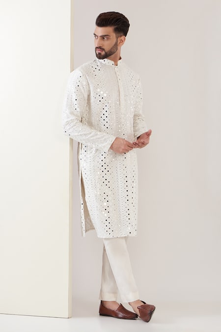 Kasbah White Silk Mirrors Work Kurta With Pant