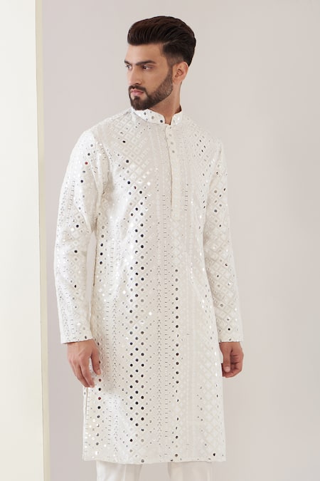 Kasbah_White Silk Mirrors Work Kurta With Pant _Online_at_Aza_Fashions