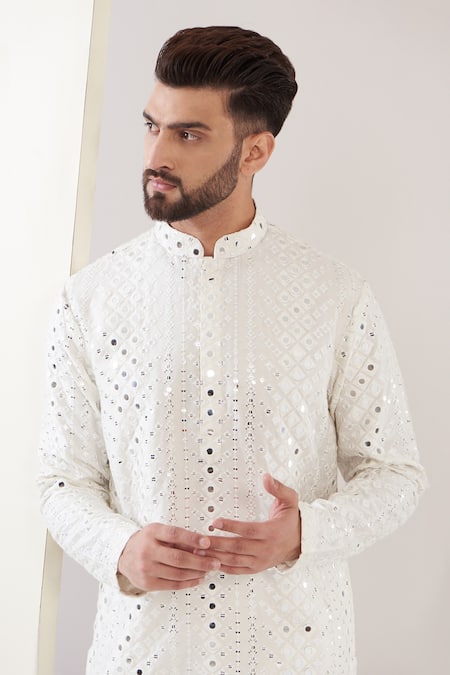Buy_Kasbah_White Silk Mirrors Work Kurta With Pant _Online_at_Aza_Fashions