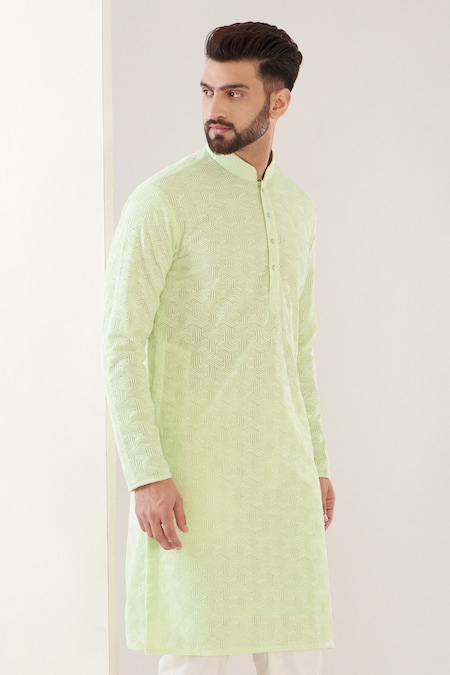 Kasbah_Green Georgette Embroidery Geometric Chikankari Kurta With Pant _Online_at_Aza_Fashions