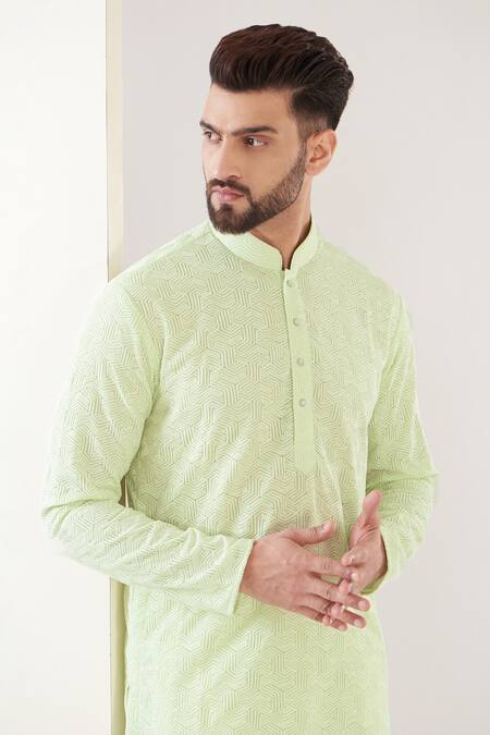 Buy_Kasbah_Green Georgette Embroidery Geometric Chikankari Kurta With Pant _Online_at_Aza_Fashions
