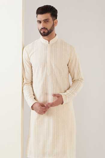 Kasbah_Beige Georgette, Cotton Embroidery Chikankari Kurta With Pant_Online_at_Aza_Fashions