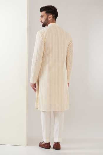 Buy_Kasbah_Beige Georgette, Cotton Embroidery Chikankari Kurta With Pant_Online_at_Aza_Fashions