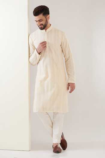 Shop_Kasbah_Beige Georgette, Cotton Embroidery Chikankari Kurta With Pant_Online_at_Aza_Fashions