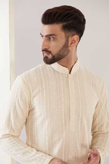 Kasbah_Beige Georgette, Cotton Embroidery Chikankari Kurta With Pant_at_Aza_Fashions