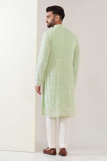 Shop Kasbah Green Georgette, Cotton Embroidery Geometric Floral Kurta With Pant at Aza Fashions Shop_Kasbah_Green Georgette, Cotton Embroidery Geometric Floral Kurta With Pant _at_Aza_Fashions