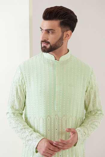 Kasbah Green Georgette, Cotton Embroidery Geometric Floral Kurta With Pant Online at Aza Fashions Kasbah_Green Georgette, Cotton Embroidery Geometric Floral Kurta With Pant _Online_at_Aza_Fashions
