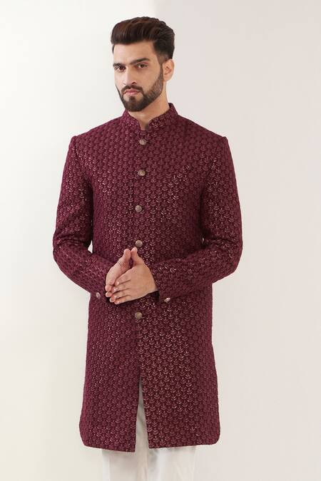 Kasbah_Maroon Silk Sequins, Embroidery Sherwani With Pant _Online_at_Aza_Fashions