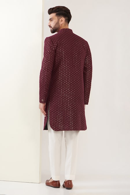 Buy_Kasbah_Maroon Silk Sequins, Embroidery Sherwani With Pant _Online_at_Aza_Fashions