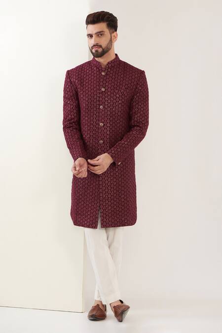 Shop_Kasbah_Maroon Silk Sequins, Embroidery Sherwani With Pant _Online_at_Aza_Fashions