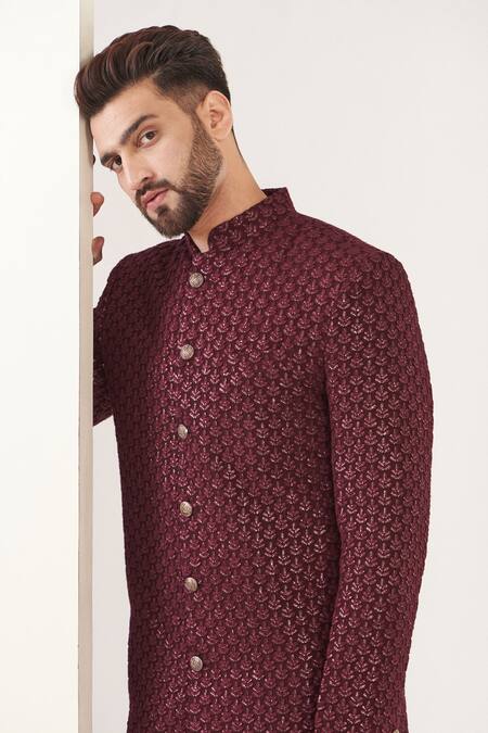 Kasbah_Maroon Silk Sequins, Embroidery Sherwani With Pant _at_Aza_Fashions