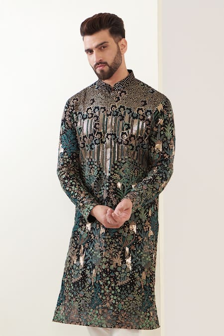 Kasbah_Black Georgette, Cotton Embroidery Floral Jaal Kurta Set _Online_at_Aza_Fashions
