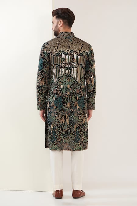 Buy_Kasbah_Black Georgette, Cotton Embroidery Floral Jaal Kurta Set _Online_at_Aza_Fashions