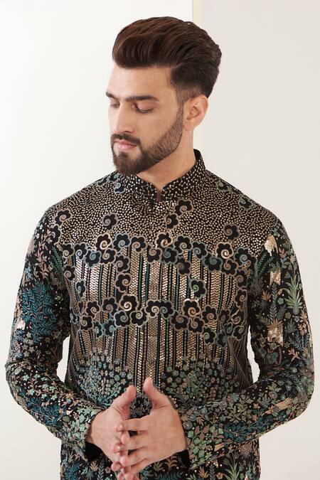 Buy_Kasbah_Black Georgette, Cotton Embroidery Floral Jaal Kurta Set 