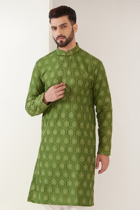 Kasbah Green Silk Embroidery Thread Kurta Set Online at Aza Fashions Kasbah_Green Silk Embroidery Thread Kurta Set _Online_at_Aza_Fashions