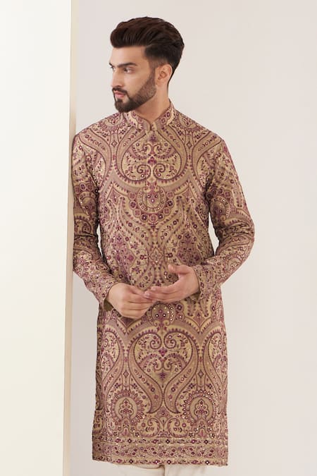 Kasbah_Beige Georgette Embroidery, Sequins Kashmiri Jamawar Kurta Set _Online_at_Aza_Fashions