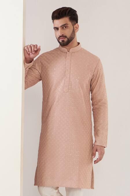 Kasbah_Pink Silk Sequins, Embroidery Chikankari Kurta Set _Online_at_Aza_Fashions