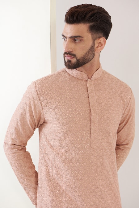 Buy_Kasbah_Pink Silk Sequins, Embroidery Chikankari Kurta Set _Online_at_Aza_Fashions