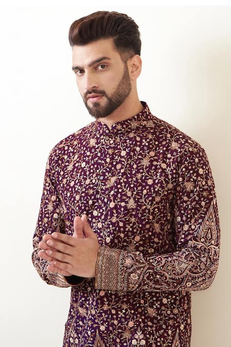 Kasbah_Maroon Georgette, Cotton Embroidery, Sequins Floral Jaal Thread Kurta Set _Online_at_Aza_Fashions