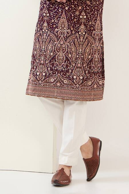 Buy_Kasbah_Maroon Georgette, Cotton Embroidery, Sequins Floral Jaal Thread Kurta Set _Online_at_Aza_Fashions