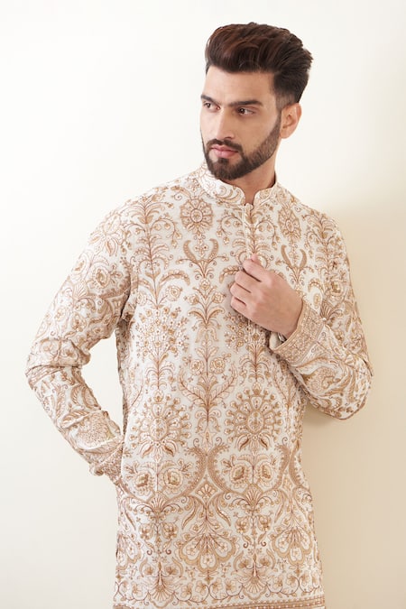 Kasbah_White Georgette, Cotton Gota Patti, Sequins Thread And Embroidered Kurta Set _Online_at_Aza_Fashions