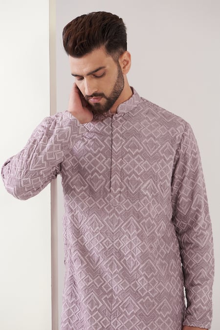 Kasbah_Purple Silk, Cotton Embroidery Thread Kurta Set _Online_at_Aza_Fashions