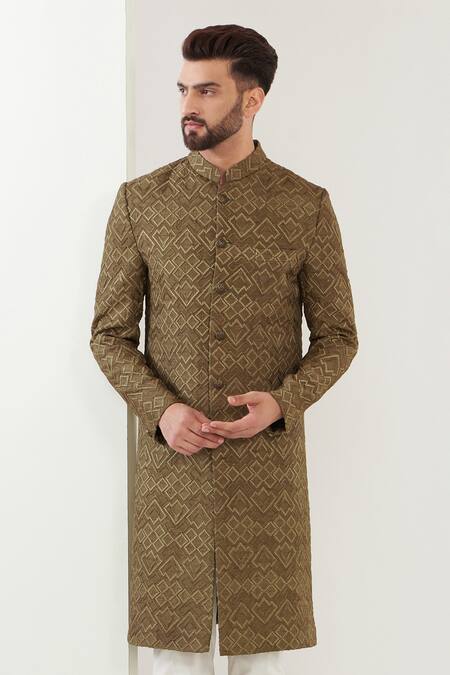 Kasbah_Beige Silk Metallic Thread Embroidered Sherwani Set _Online_at_Aza_Fashions