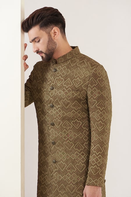 Buy_Kasbah_Beige Silk Metallic Thread Embroidered Sherwani Set _Online_at_Aza_Fashions