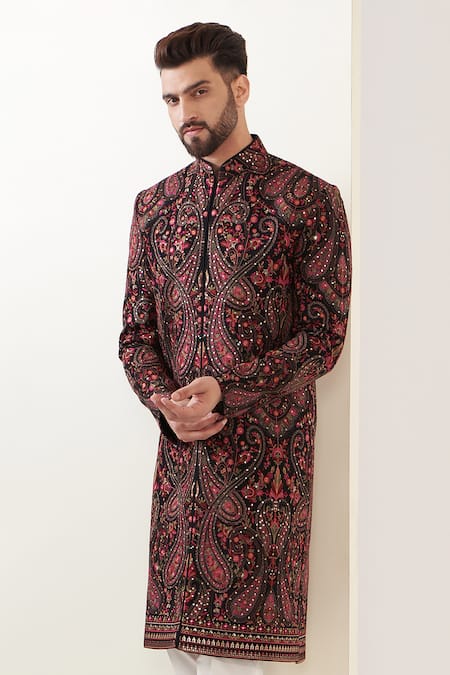 Kasbah_Multi Color Georgette Sequins Kashmiri Embroidered Sherwani Set _Online_at_Aza_Fashions