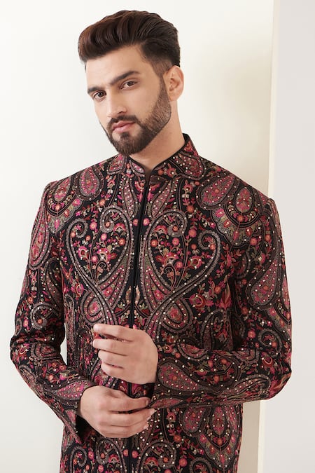 Buy_Kasbah_Multi Color Georgette Sequins Kashmiri Embroidered Sherwani Set _Online_at_Aza_Fashions