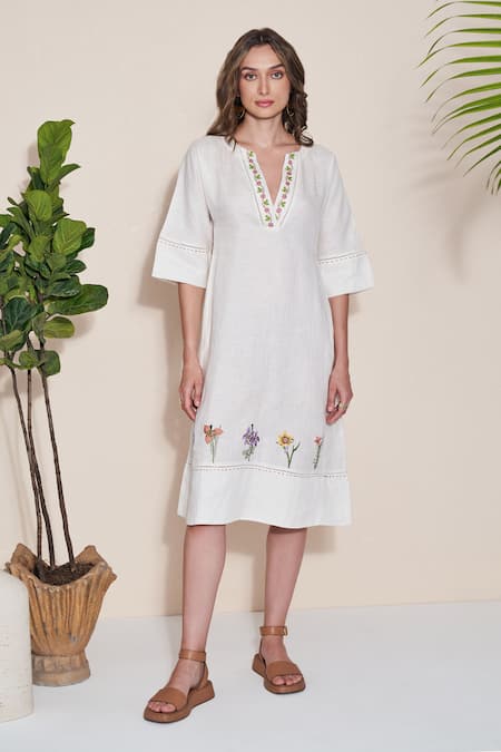 Buy White Pure Hemp Embroidery Floral V Neck Pelican Midi Dress For ...