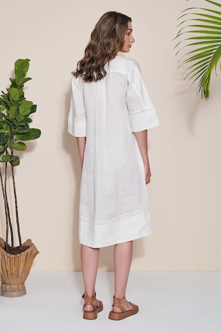 Pozruh By Aiman_White Hemp Embroidery V-neck Pelican Midi Dress _Online_at_Aza_Fashions