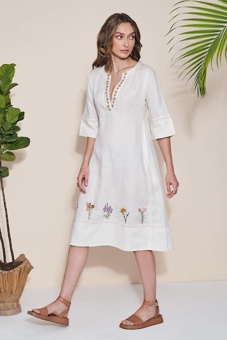 Buy_Pozruh By Aiman_White Hemp Embroidery V-neck Pelican Midi Dress _Online_at_Aza_Fashions