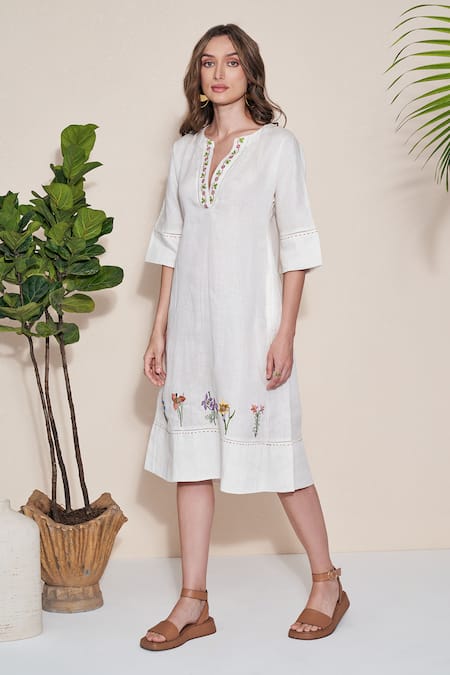Shop_Pozruh By Aiman_White Hemp Embroidery V-neck Pelican Midi Dress _Online_at_Aza_Fashions