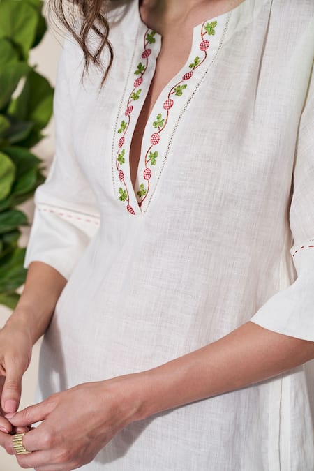 Pozruh By Aiman_White Hemp Embroidery V-neck Pelican Midi Dress _at_Aza_Fashions