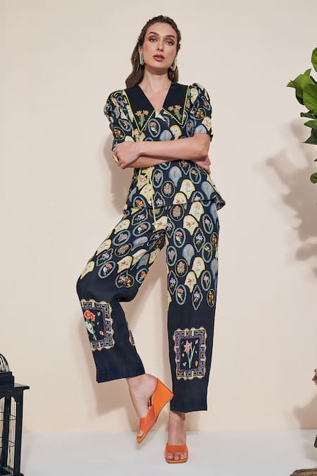 Pozruh By Aiman Black Hemp Floral Print Raven Pant at Aza Fashions Pozruh By Aiman_Black Hemp Floral Print Raven Pant _at_Aza_Fashions