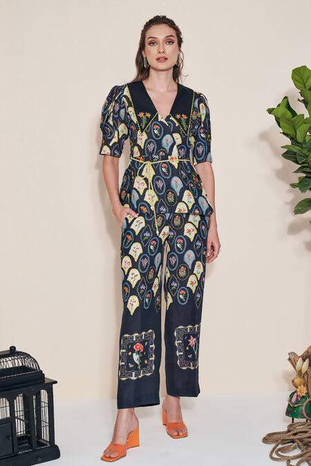 Shop_Pozruh By Aiman_Black Hemp Embroidery Collared Printed Raven Top _Online_at_Aza_Fashions