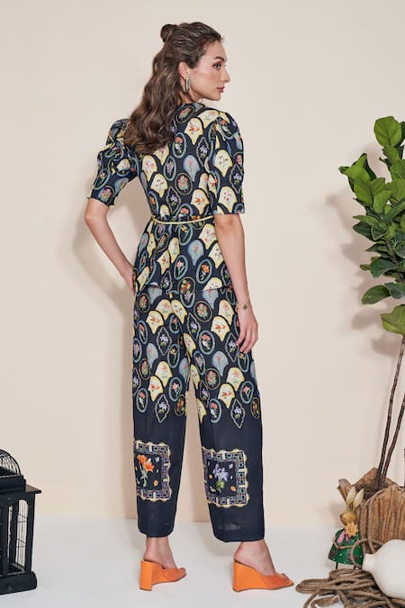 Pozruh By Aiman Black Hemp Embroidery Collared Printed Raven Top And Pant Set Online at Aza Fashions Pozruh By Aiman_Black Hemp Embroidery Collared Printed Raven Top And Pant Set _Online_at_Aza_Fashions