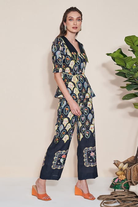 Shop Pozruh By Aiman Black Hemp Embroidery Collared Printed Raven Top And Pant Set Online at Aza Fashions Shop_Pozruh By Aiman_Black Hemp Embroidery Collared Printed Raven Top And Pant Set _Online_at_Aza_Fashions