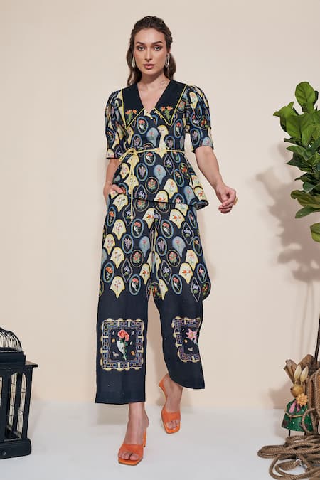 Pozruh By Aiman Black Hemp Embroidery Collared Printed Raven Top And Pant Set at Aza Fashions Pozruh By Aiman_Black Hemp Embroidery Collared Printed Raven Top And Pant Set _at_Aza_Fashions