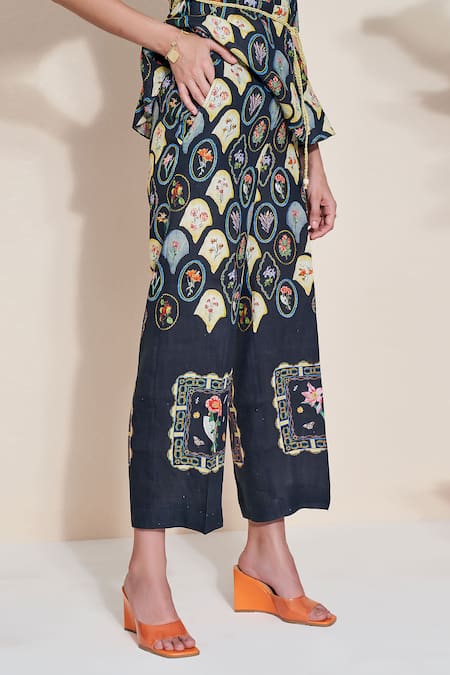 Shop Pozruh By Aiman Black Hemp Embroidery Collared Printed Raven Top And Pant Set Shop_Pozruh By Aiman_Black Hemp Embroidery Collared Printed Raven Top And Pant Set