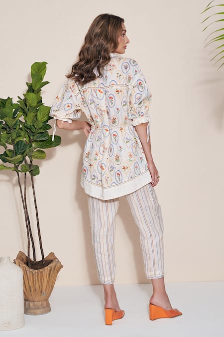 Pozruh By Aiman Off White Hemp Embroidery Collared Floral Print Roseate Top Online at Aza Fashions Pozruh By Aiman_Off White Hemp Embroidery Collared Floral Print Roseate Top _Online_at_Aza_Fashions