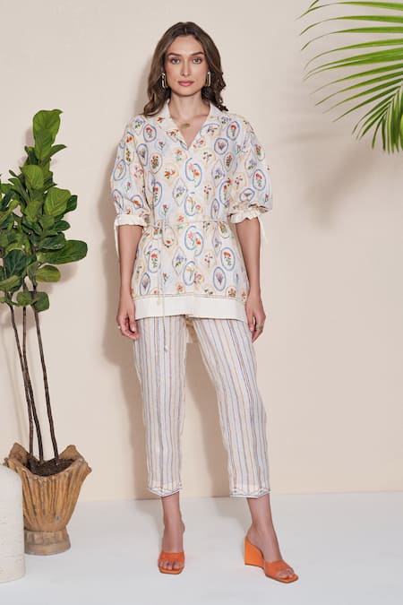 Buy Pozruh By Aiman Off White Hemp Embroidery Collared Floral Print Roseate Top Online at Aza Fashions Buy_Pozruh By Aiman_Off White Hemp Embroidery Collared Floral Print Roseate Top _Online_at_Aza_Fashions