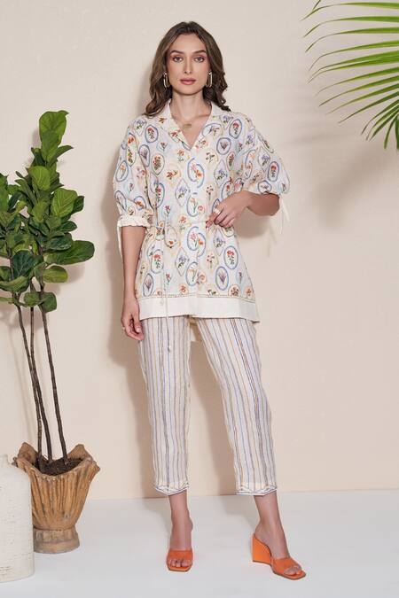 Shop Pozruh By Aiman Off White Hemp Embroidery Collared Floral Print Roseate Top Online at Aza Fashions Shop_Pozruh By Aiman_Off White Hemp Embroidery Collared Floral Print Roseate Top _Online_at_Aza_Fashions