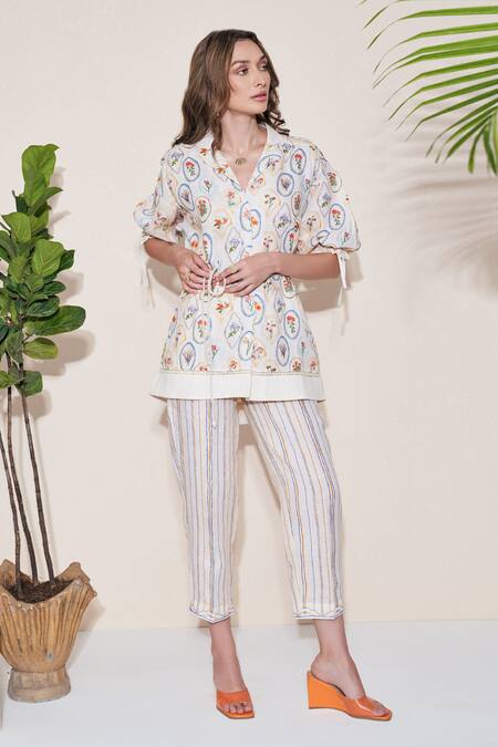 Pozruh By Aiman Off White Hemp Embroidery Collared Floral Print Roseate Top at Aza Fashions Pozruh By Aiman_Off White Hemp Embroidery Collared Floral Print Roseate Top _at_Aza_Fashions