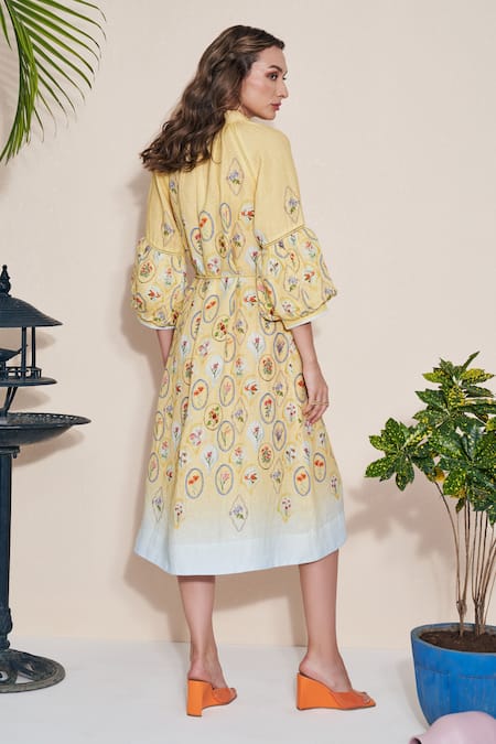 Pozruh By Aiman_Yellow Hemp Collared Floral Print Skye Shirt Dress _Online_at_Aza_Fashions