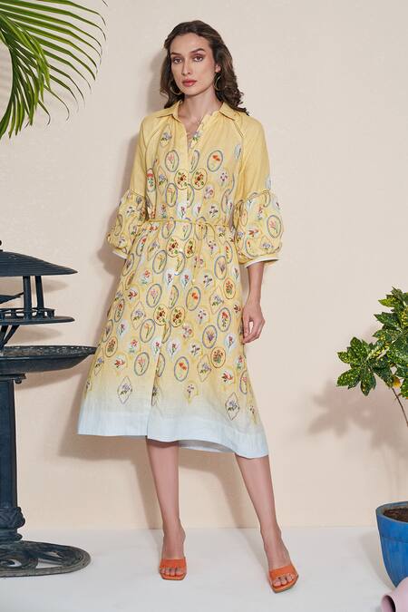Buy_Pozruh By Aiman_Yellow Hemp Collared Floral Print Skye Shirt Dress _Online_at_Aza_Fashions