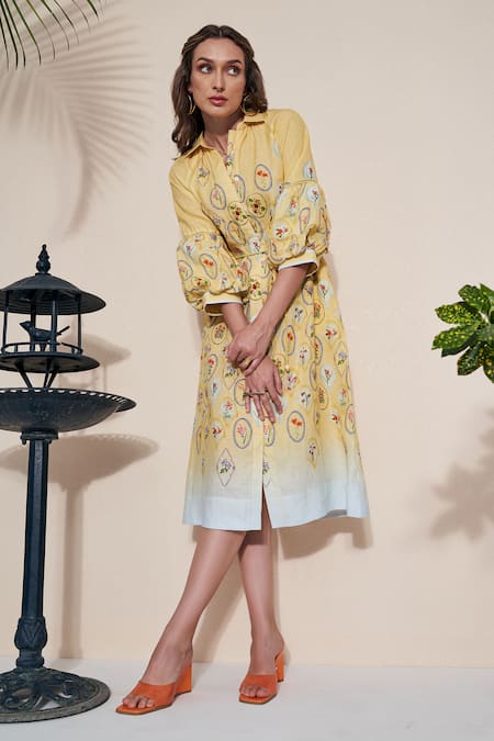 Shop_Pozruh By Aiman_Yellow Hemp Collared Floral Print Skye Shirt Dress _Online_at_Aza_Fashions