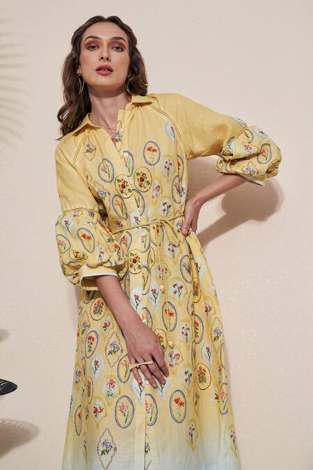 Pozruh By Aiman_Yellow Hemp Collared Floral Print Skye Shirt Dress _at_Aza_Fashions