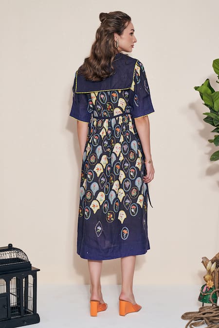 Pozruh By Aiman Black Hemp Embroidery Collared Floral Printed Lapel Midi Dress Online at Aza Fashions Pozruh By Aiman_Black Hemp Embroidery Collared Floral Printed Lapel Midi Dress _Online_at_Aza_Fashions